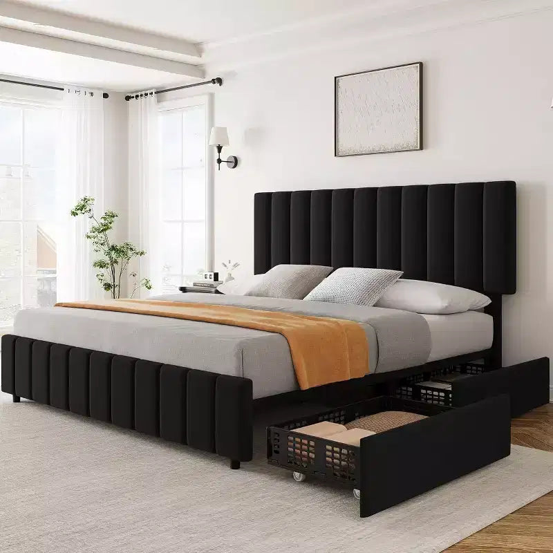 Platform Bed Frame with Elegant and Stylish Headboard, 4 Storage Drawers, No Box Spring Required, Easy Assembly, Heavy-Duty Support