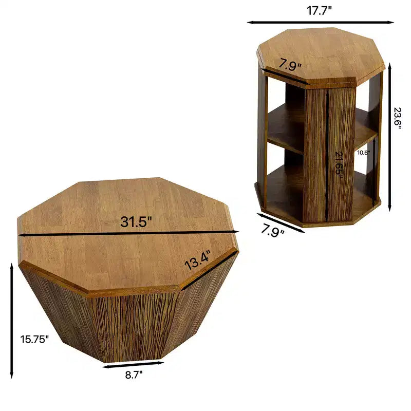 Tavolino da Caffè Ottagonale Rustico da 31,5 Pollici, Tavolo Centrale in Legno di Gomma dal Design Moderno per Soggiorno e Ufficio