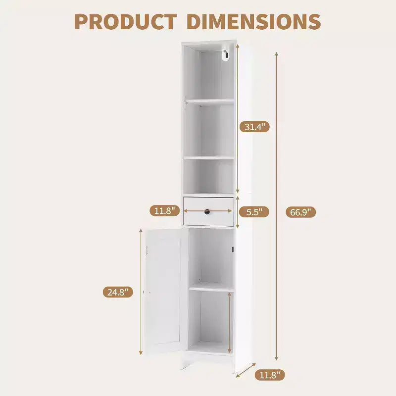 Mobile Contenitore Alto per Bagno, Mobiletto Stretto e Sottile Autoportante con 2 Ante Scorrevole e 1 Cassetto con Ripiani Regolabili per Cucina, Bagno