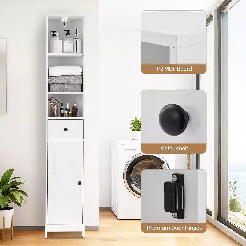 Mobile Contenitore Alto per Bagno, Mobiletto Stretto e Sottile Autoportante con 2 Ante Scorrevole e 1 Cassetto con Ripiani Regolabili per Cucina, Bagno