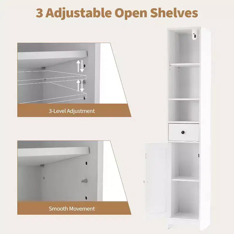 Mobile Contenitore Alto per Bagno, Mobiletto Stretto e Sottile Autoportante con 2 Ante Scorrevole e 1 Cassetto con Ripiani Regolabili per Cucina, Bagno