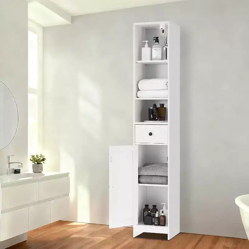 Mobile Contenitore Alto per Bagno, Mobiletto Stretto e Sottile Autoportante con 2 Ante Scorrevole e 1 Cassetto con Ripiani Regolabili per Cucina, Bagno