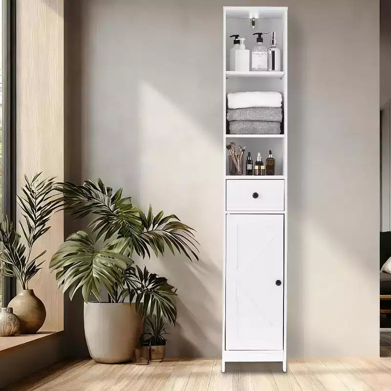 Mobile Contenitore Alto per Bagno, Mobiletto Stretto e Sottile Autoportante con 2 Ante Scorrevole e 1 Cassetto con Ripiani Regolabili per Cucina, Bagno