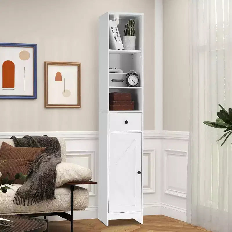 Mobile Contenitore Alto per Bagno, Mobiletto Stretto e Sottile Autoportante con 2 Ante Scorrevole e 1 Cassetto con Ripiani Regolabili per Cucina, Bagno
