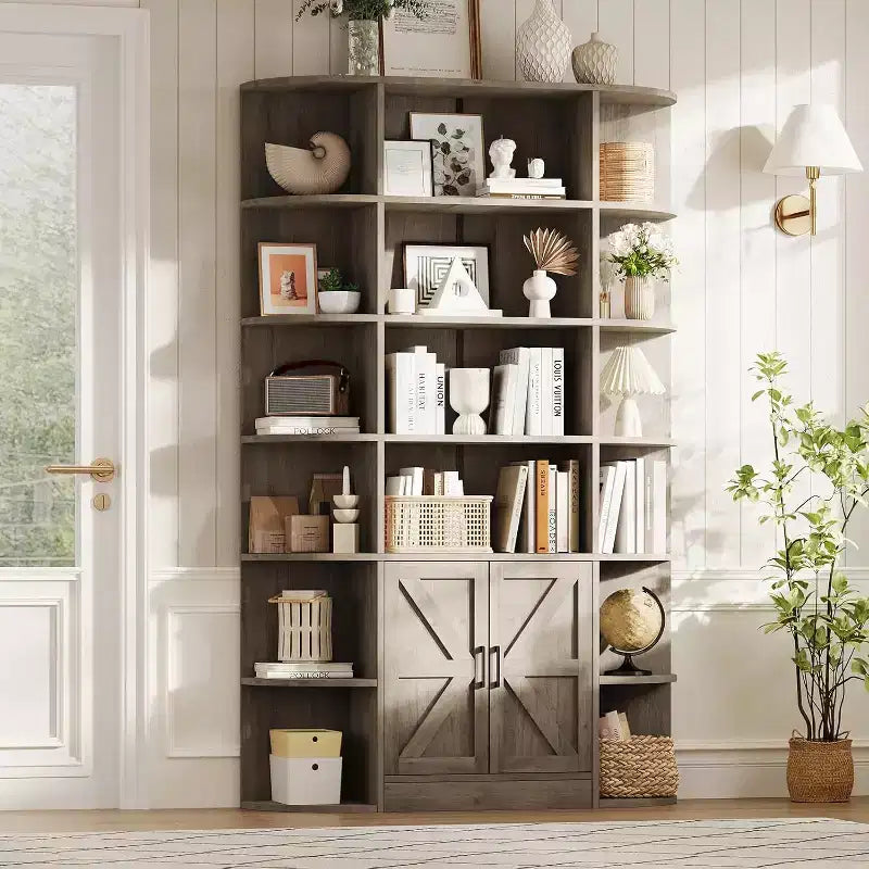 Libreria moderna a 75 scomparti con armadietto, libreria in legno a 6 ripiani con ante e mensole regolabili per camera da letto, cameretta o sala giochi
