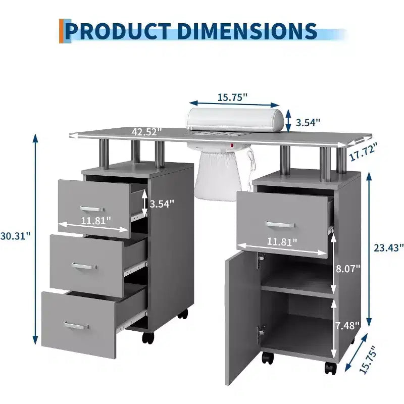 Tavolo Manicure con Aspiratore Elettrico per Polveri, Tavolo Unghie 42" Postazione per Salone di Bellezza con Ruote Bloccabili, Bracciolo, 4 Cassetti Portaoggetti, Piano Resistente
