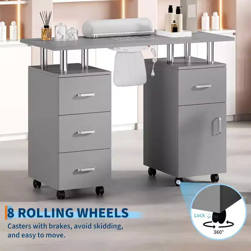 Tavolo Manicure con Aspiratore Elettrico per Polveri, Tavolo Unghie 42" Postazione per Salone di Bellezza con Ruote Bloccabili, Bracciolo, 4 Cassetti Portaoggetti, Piano Resistente