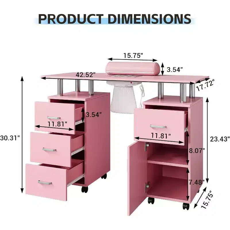 Tavolo Manicure con Aspiratore Elettrico per Polveri, Tavolo Unghie 42" Postazione per Salone di Bellezza con Ruote Bloccabili, Bracciolo, 4 Cassetti Portaoggetti, Piano Resistente