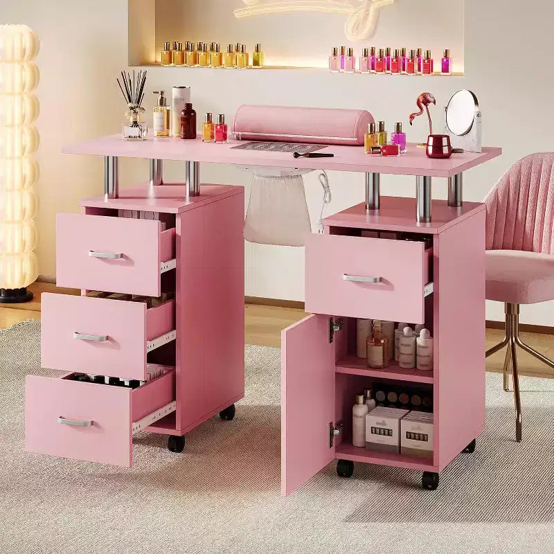 Tavolo Manicure con Aspiratore Elettrico per Polveri, Tavolo Unghie 42" Postazione per Salone di Bellezza con Ruote Bloccabili, Bracciolo, 4 Cassetti Portaoggetti, Piano Resistente