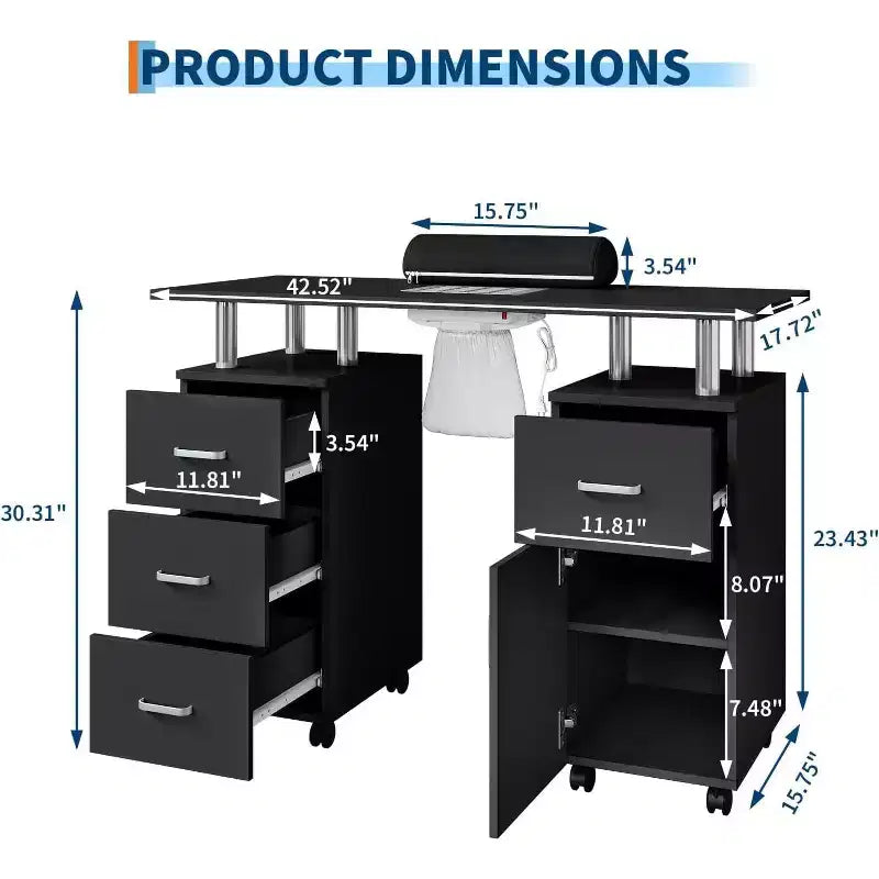 Tavolo Manicure con Aspiratore Elettrico per Polveri, Tavolo Unghie 42" Postazione per Salone di Bellezza con Ruote Bloccabili, Bracciolo, 4 Cassetti Portaoggetti, Piano Resistente
