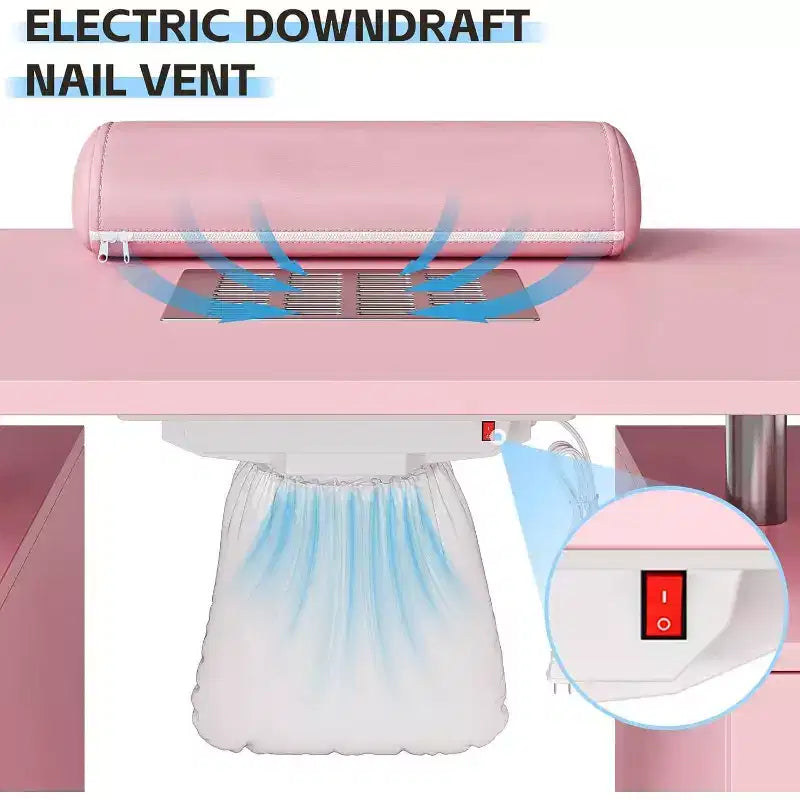 Tavolo Manicure con Aspiratore Elettrico per Polveri, Tavolo Unghie 42" Postazione per Salone di Bellezza con Ruote Bloccabili, Bracciolo, 4 Cassetti Portaoggetti, Piano Resistente