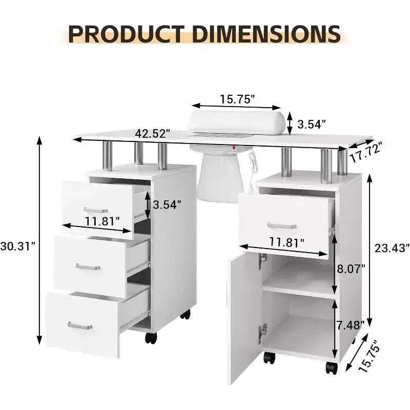 Tavolo Manicure con Aspiratore Elettrico per Polveri, Tavolo Unghie 42" Postazione per Salone di Bellezza con Ruote Bloccabili, Bracciolo, 4 Cassetti Portaoggetti, Piano Resistente
