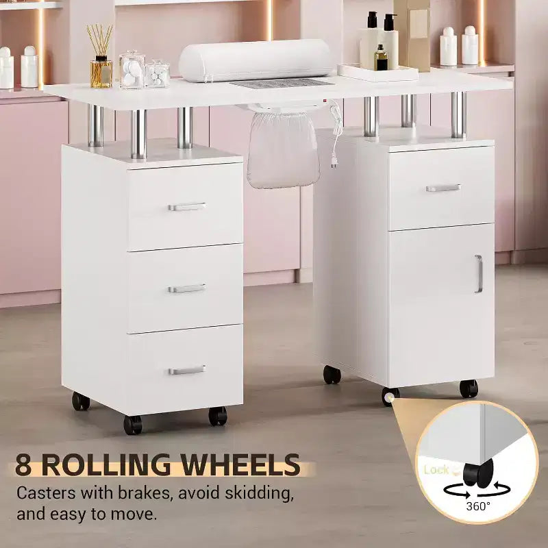 Tavolo Manicure con Aspiratore Elettrico per Polveri, Tavolo Unghie 42" Postazione per Salone di Bellezza con Ruote Bloccabili, Bracciolo, 4 Cassetti Portaoggetti, Piano Resistente