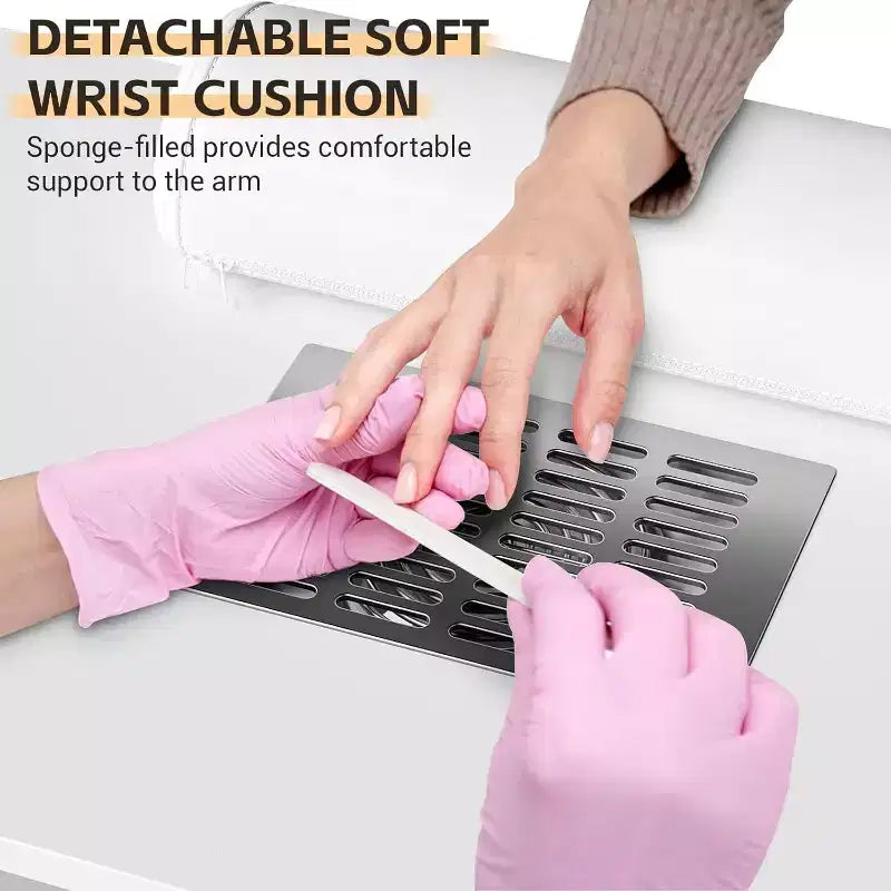 Tavolo Manicure con Aspiratore Elettrico per Polveri, Tavolo Unghie 42" Postazione per Salone di Bellezza con Ruote Bloccabili, Bracciolo, 4 Cassetti Portaoggetti, Piano Resistente