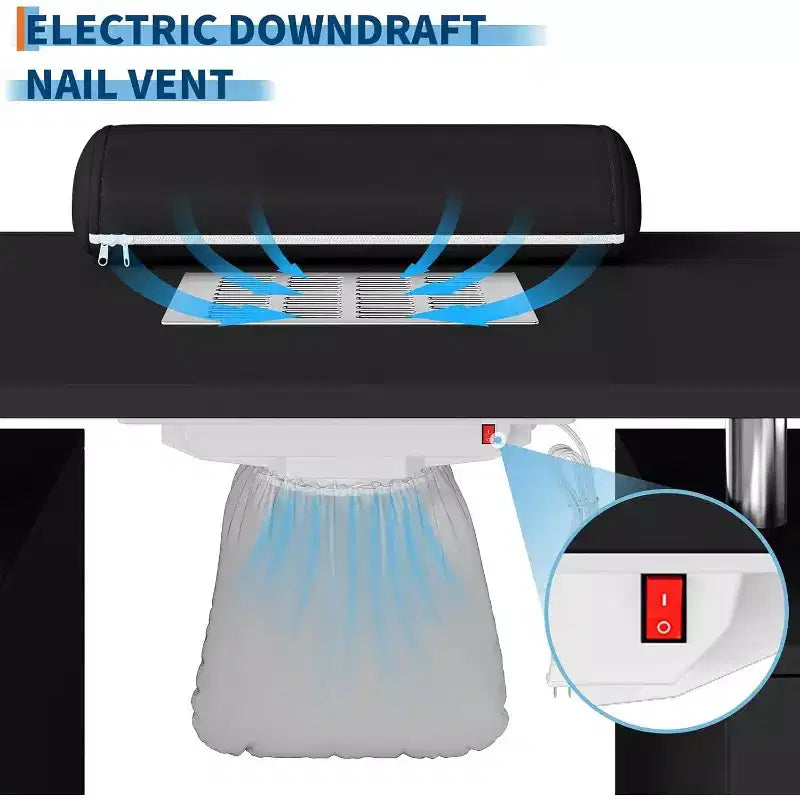 Tavolo Manicure con Aspiratore Elettrico per Polveri, Tavolo Unghie 42" Postazione per Salone di Bellezza con Ruote Bloccabili, Bracciolo, 4 Cassetti Portaoggetti, Piano Resistente
