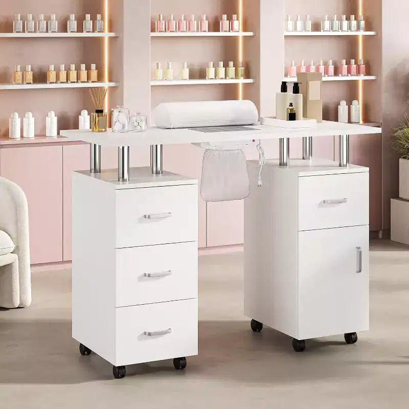 Tavolo Manicure con Aspiratore Elettrico per Polveri, Tavolo Unghie 42" Postazione per Salone di Bellezza con Ruote Bloccabili, Bracciolo, 4 Cassetti Portaoggetti, Piano Resistente