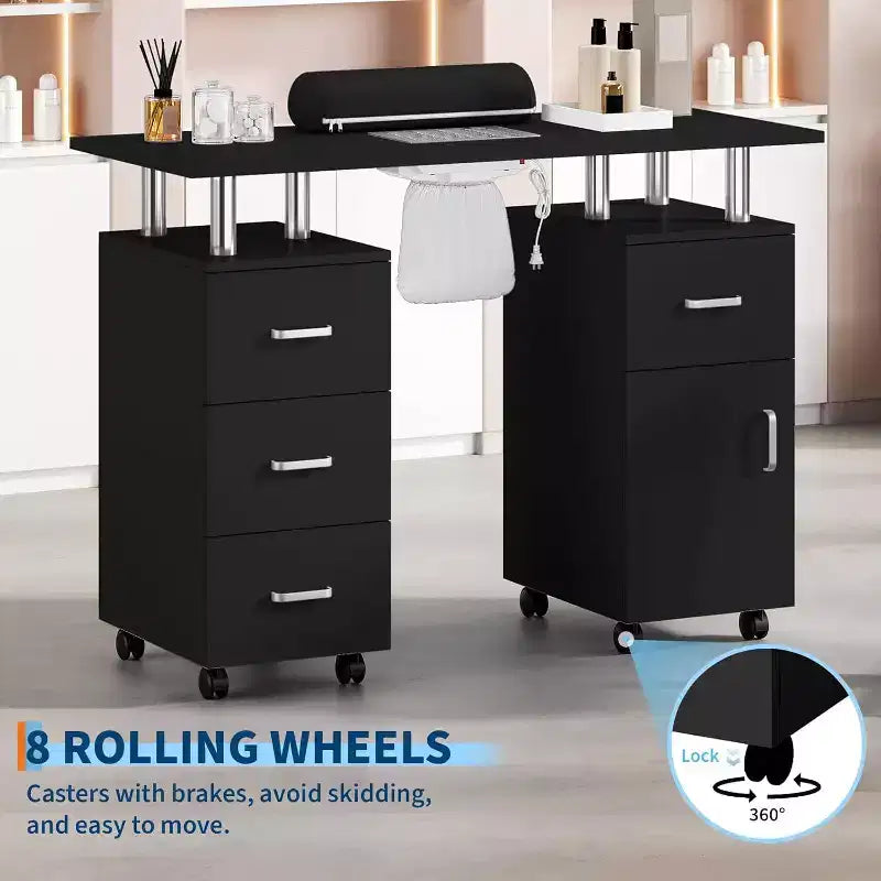 Tavolo Manicure con Aspiratore Elettrico per Polveri, Tavolo Unghie 42" Postazione per Salone di Bellezza con Ruote Bloccabili, Bracciolo, 4 Cassetti Portaoggetti, Piano Resistente