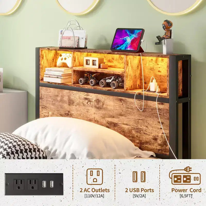 Struttura letto matrimoniale in metallo Bellemave con testiera portaoggetti, luci LED RGB, stazione di ricarica, libreria portaoggetti, senza rete a molle