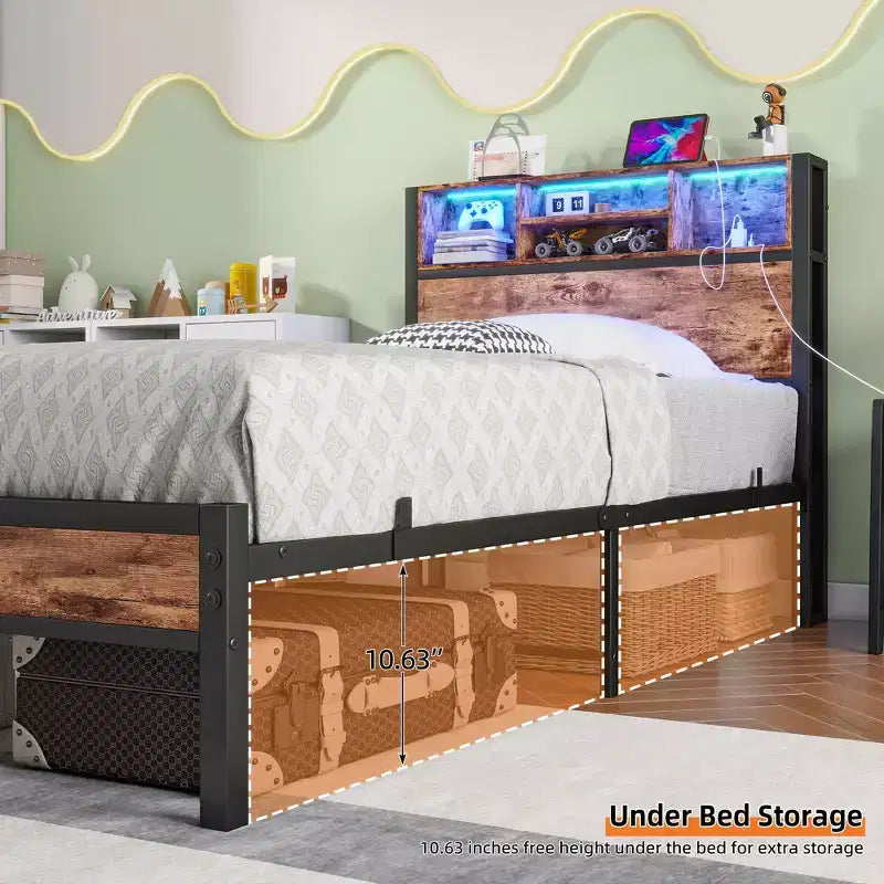 Struttura letto matrimoniale in metallo Bellemave con testiera portaoggetti, luci LED RGB, stazione di ricarica, libreria portaoggetti, senza rete a molle