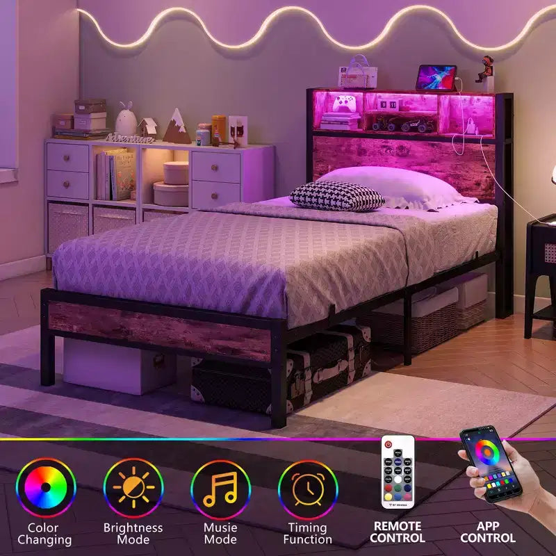 Struttura letto matrimoniale in metallo Bellemave con testiera portaoggetti, luci LED RGB, stazione di ricarica, libreria portaoggetti, senza rete a molle