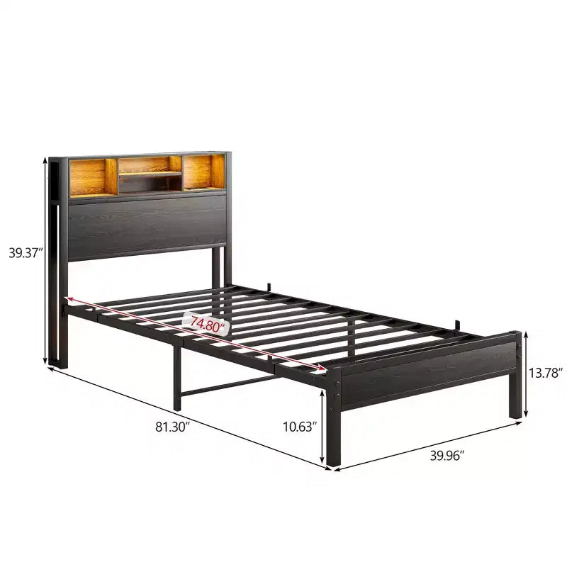 Struttura letto matrimoniale in metallo Bellemave con testiera portaoggetti, luci LED RGB, stazione di ricarica, libreria portaoggetti, senza rete a molle