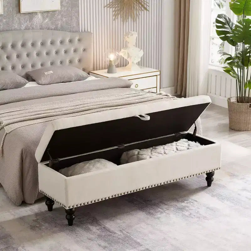 TUYOHW Poggiapiedi Contenitore da 150 cm con Superficie Trapuntata e Decorazione con Borchie, Pouf Contenitore con Spazio, Panca per Fondo Letto per Camera da Letto, Beige