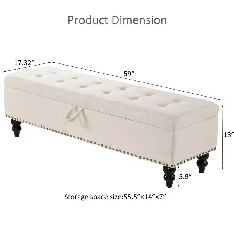TUYOHW Poggiapiedi Contenitore da 150 cm con Superficie Trapuntata e Decorazione con Borchie, Pouf Contenitore con Spazio, Panca per Fondo Letto per Camera da Letto, Beige