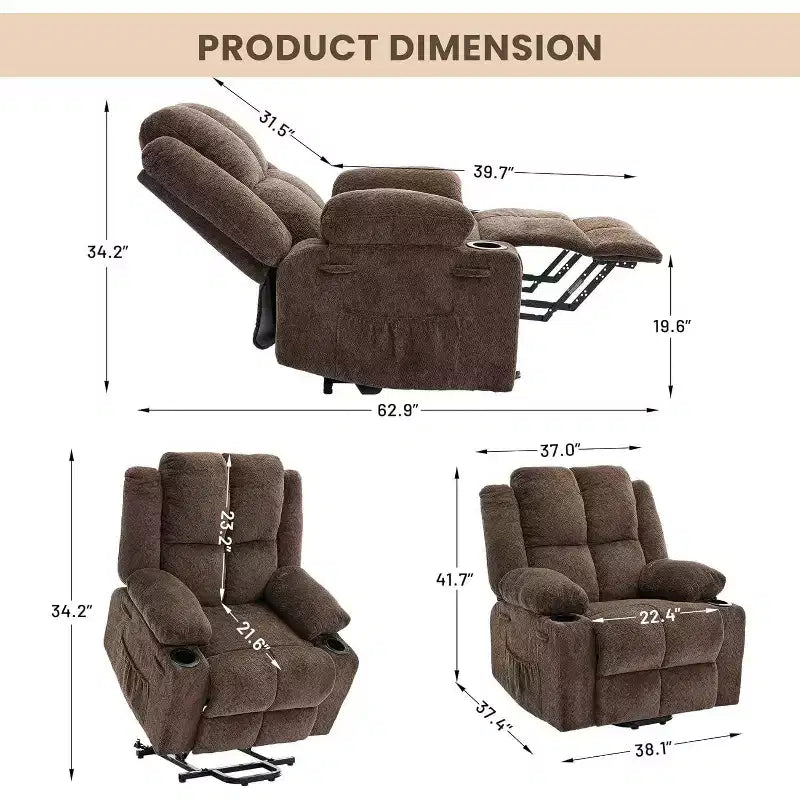 Poltrona reclinabile con massaggio, sedia extra-large con sollevamento assistito, reclinazione piatta a 155°, 2 portabicchieri, tessuto in lino per anziani e comfort in salotto