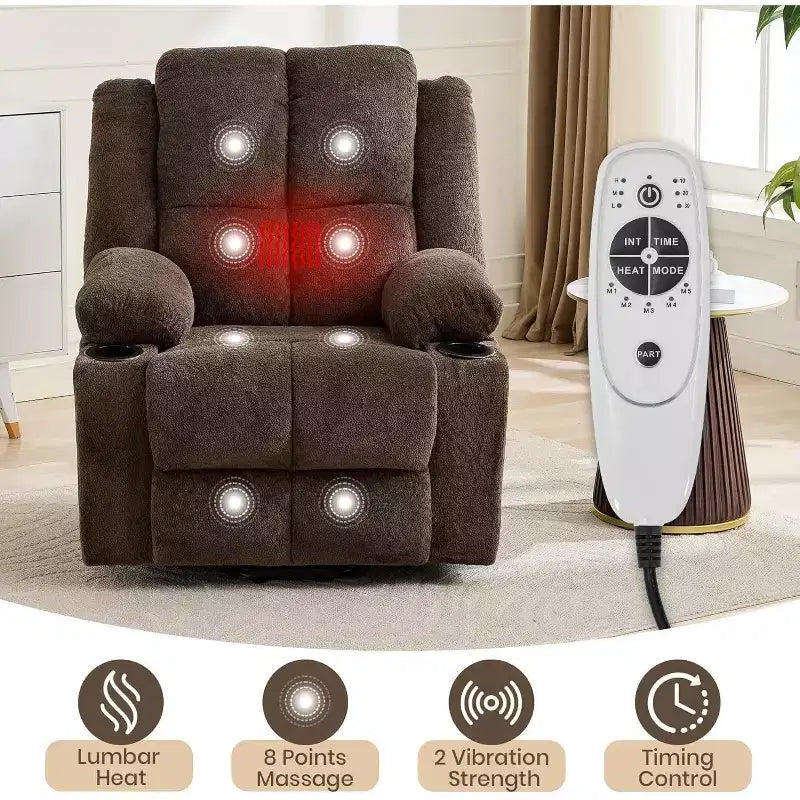 Poltrona reclinabile con massaggio, sedia extra-large con sollevamento assistito, reclinazione piatta a 155°, 2 portabicchieri, tessuto in lino per anziani e comfort in salotto