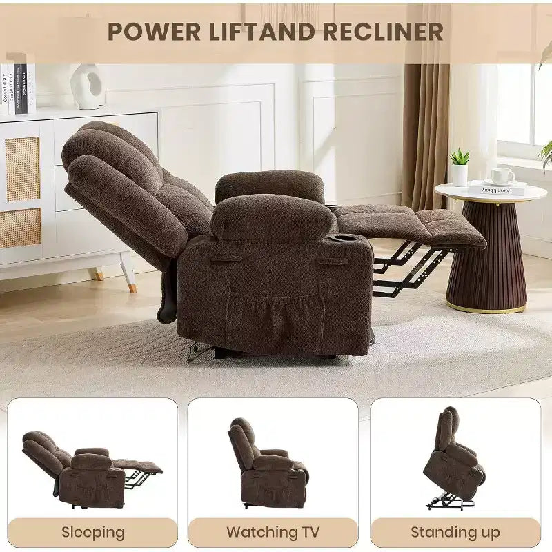 Poltrona reclinabile con massaggio, sedia extra-large con sollevamento assistito, reclinazione piatta a 155°, 2 portabicchieri, tessuto in lino per anziani e comfort in salotto