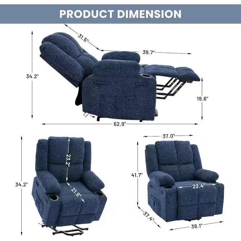 Poltrona reclinabile con massaggio, sedia extra-large con sollevamento assistito, reclinazione piatta a 155°, 2 portabicchieri, tessuto in lino per anziani e comfort in salotto