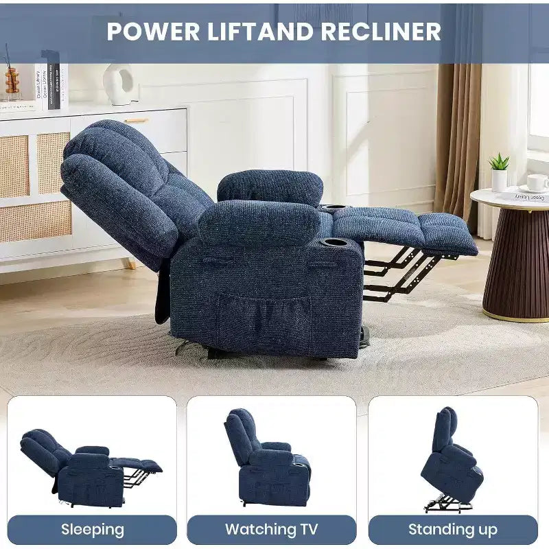 Poltrona reclinabile con massaggio, sedia extra-large con sollevamento assistito, reclinazione piatta a 155°, 2 portabicchieri, tessuto in lino per anziani e comfort in salotto