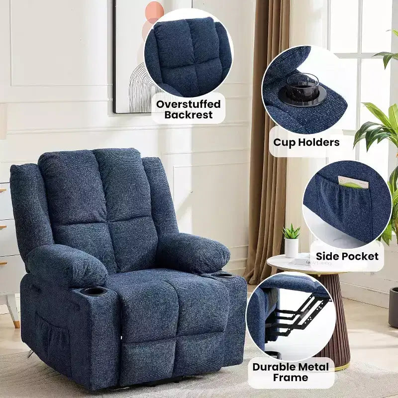 Poltrona reclinabile con massaggio, sedia extra-large con sollevamento assistito, reclinazione piatta a 155°, 2 portabicchieri, tessuto in lino per anziani e comfort in salotto