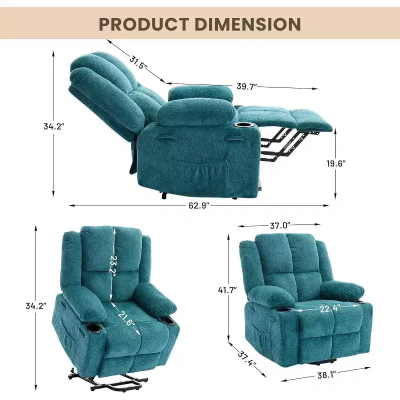 Poltrona reclinabile con massaggio, sedia extra-large con sollevamento assistito, reclinazione piatta a 155°, 2 portabicchieri, tessuto in lino per anziani e comfort in salotto