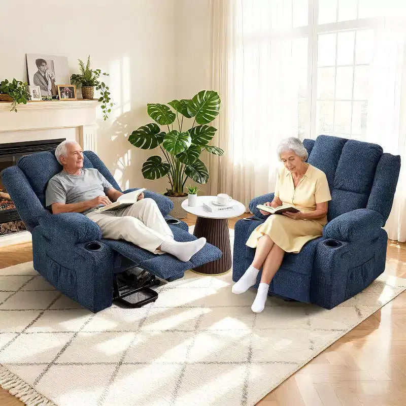 Poltrona reclinabile con massaggio, sedia extra-large con sollevamento assistito, reclinazione piatta a 155°, 2 portabicchieri, tessuto in lino per anziani e comfort in salotto