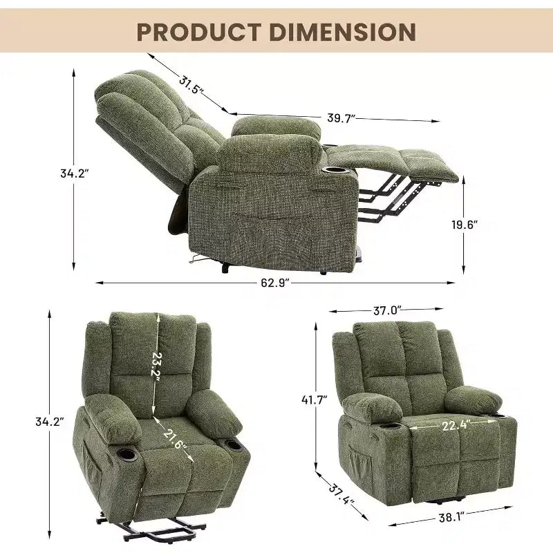 Poltrona reclinabile con massaggio, sedia extra-large con sollevamento assistito, reclinazione piatta a 155°, 2 portabicchieri, tessuto in lino per anziani e comfort in salotto