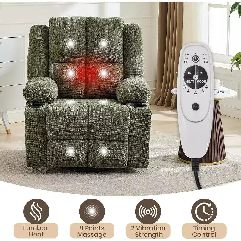 Poltrona reclinabile con massaggio, sedia extra-large con sollevamento assistito, reclinazione piatta a 155°, 2 portabicchieri, tessuto in lino per anziani e comfort in salotto