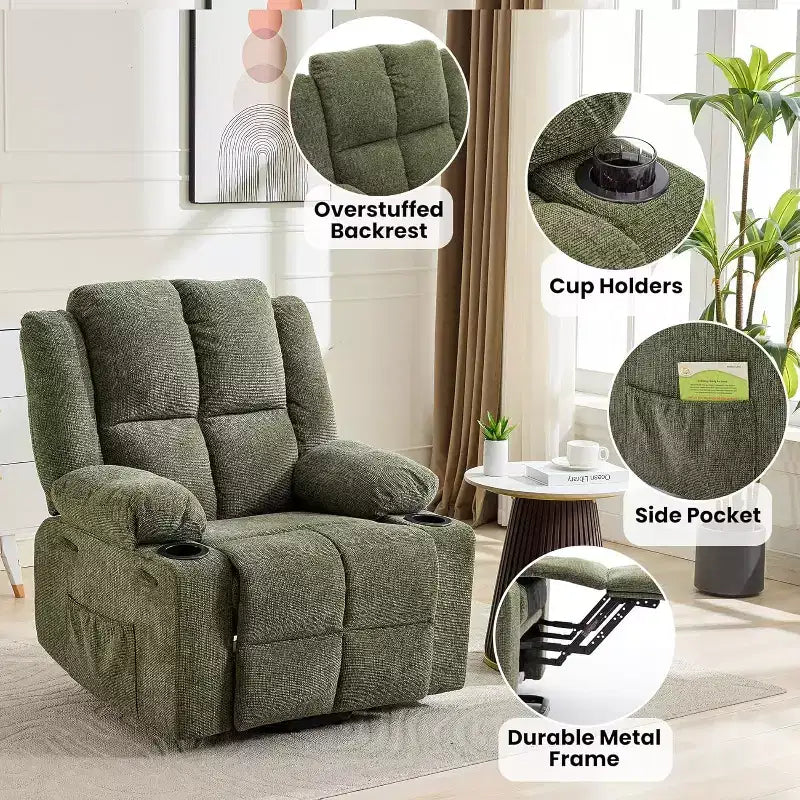 Poltrona reclinabile con massaggio, sedia extra-large con sollevamento assistito, reclinazione piatta a 155°, 2 portabicchieri, tessuto in lino per anziani e comfort in salotto