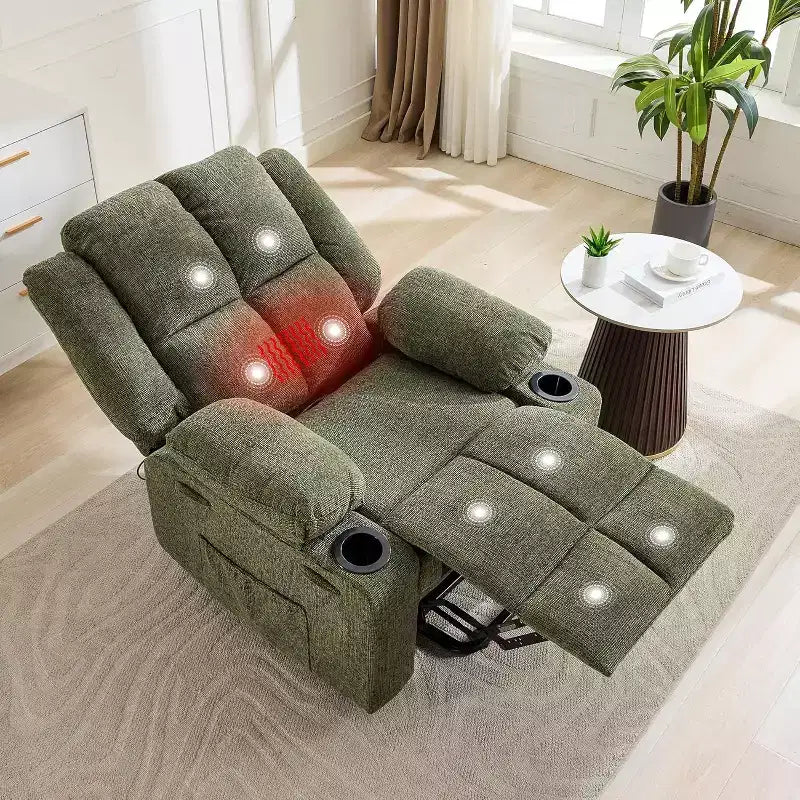 Poltrona reclinabile con massaggio, sedia extra-large con sollevamento assistito, reclinazione piatta a 155°, 2 portabicchieri, tessuto in lino per anziani e comfort in salotto