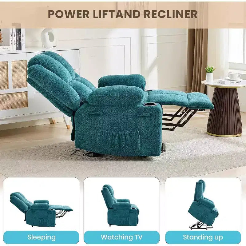 Poltrona reclinabile con massaggio, sedia extra-large con sollevamento assistito, reclinazione piatta a 155°, 2 portabicchieri, tessuto in lino per anziani e comfort in salotto