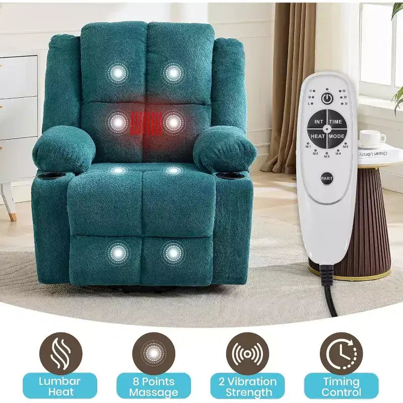 Poltrona reclinabile con massaggio, sedia extra-large con sollevamento assistito, reclinazione piatta a 155°, 2 portabicchieri, tessuto in lino per anziani e comfort in salotto