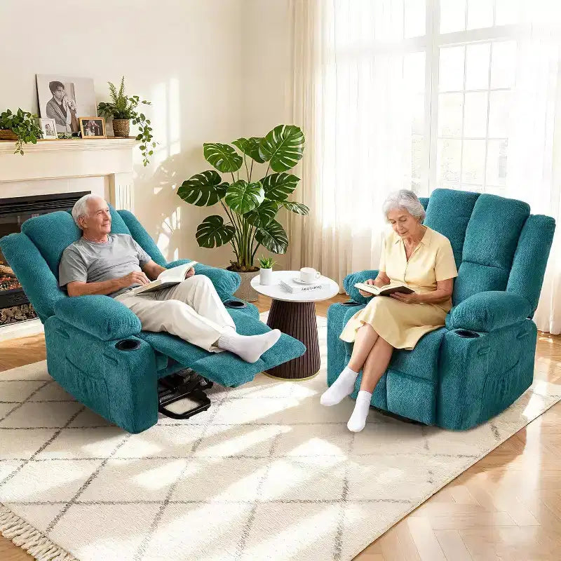 Poltrona reclinabile con massaggio, sedia extra-large con sollevamento assistito, reclinazione piatta a 155°, 2 portabicchieri, tessuto in lino per anziani e comfort in salotto