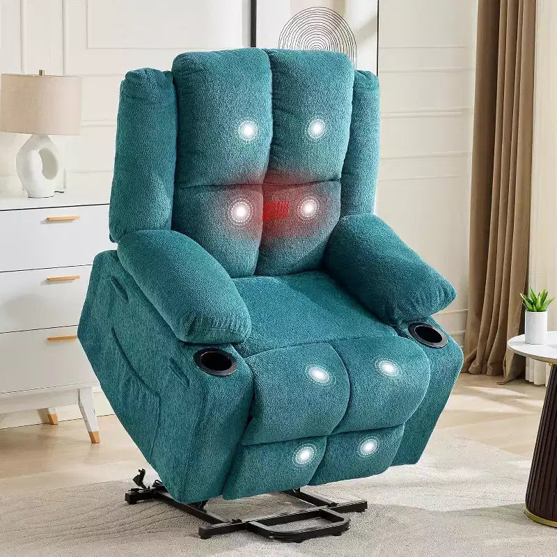 Poltrona reclinabile con massaggio, sedia extra-large con sollevamento assistito, reclinazione piatta a 155°, 2 portabicchieri, tessuto in lino per anziani e comfort in salotto