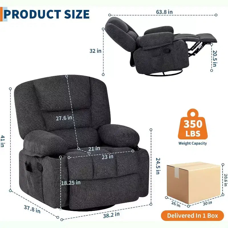 Poltrona Reclinabile per Adulti con Massaggio e Riscaldamento, Girevole a 360°, Recliner Manuale Extra Largo, Poltrona in Tessuto Chenille per Soggiorno
