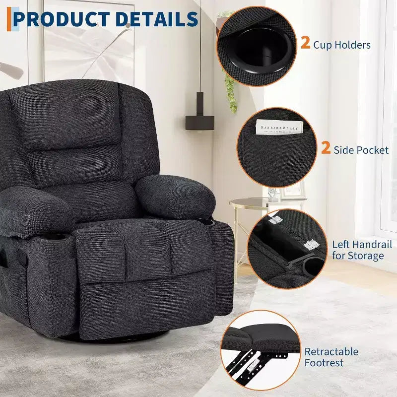 Poltrona Reclinabile per Adulti con Massaggio e Riscaldamento, Girevole a 360°, Recliner Manuale Extra Largo, Poltrona in Tessuto Chenille per Soggiorno
