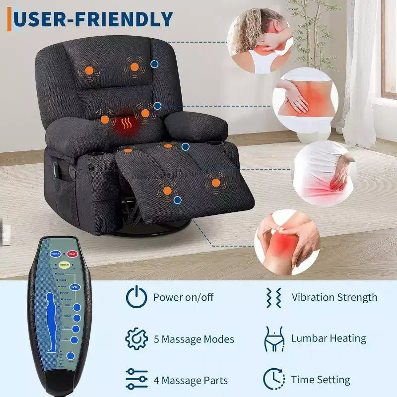 Poltrona Reclinabile per Adulti con Massaggio e Riscaldamento, Girevole a 360°, Recliner Manuale Extra Largo, Poltrona in Tessuto Chenille per Soggiorno