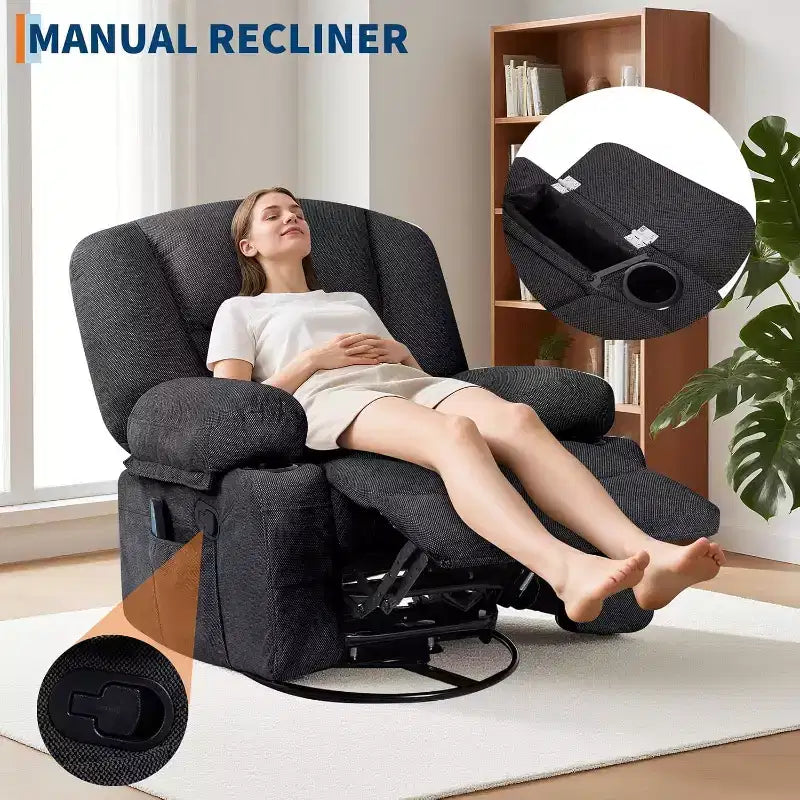 Poltrona Reclinabile per Adulti con Massaggio e Riscaldamento, Girevole a 360°, Recliner Manuale Extra Largo, Poltrona in Tessuto Chenille per Soggiorno