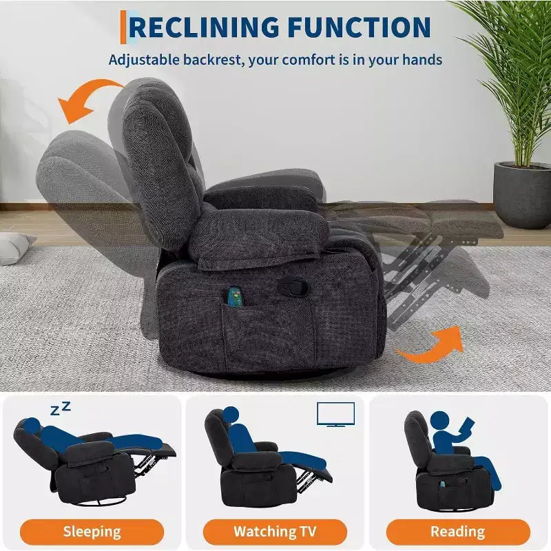 Poltrona Reclinabile per Adulti con Massaggio e Riscaldamento, Girevole a 360°, Recliner Manuale Extra Largo, Poltrona in Tessuto Chenille per Soggiorno