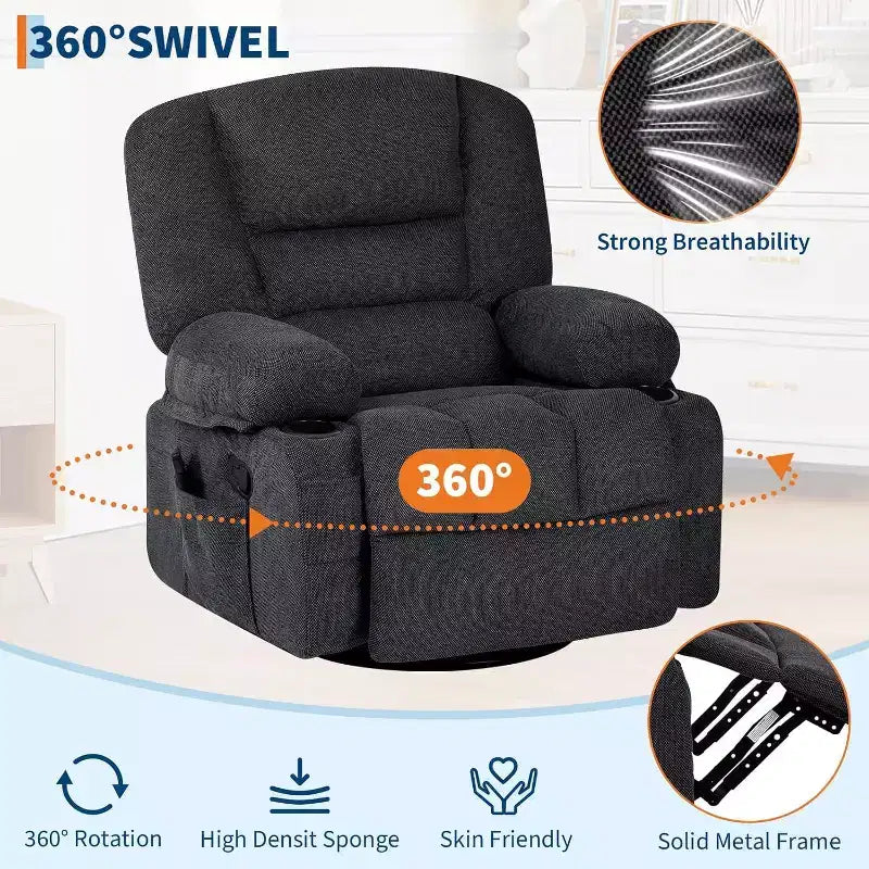 Poltrona Reclinabile per Adulti con Massaggio e Riscaldamento, Girevole a 360°, Recliner Manuale Extra Largo, Poltrona in Tessuto Chenille per Soggiorno