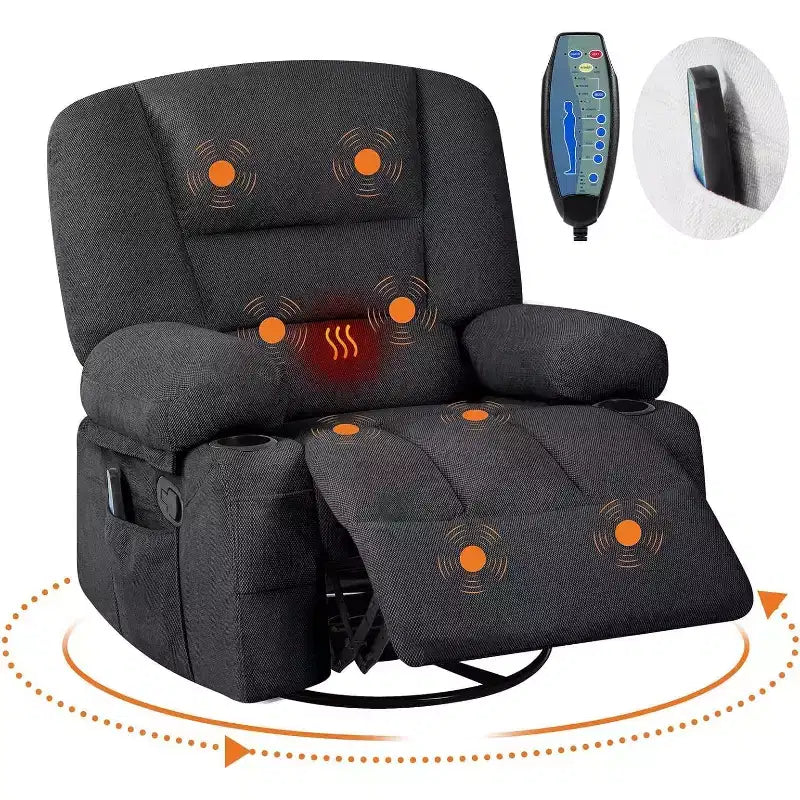 Poltrona Reclinabile per Adulti con Massaggio e Riscaldamento, Girevole a 360°, Recliner Manuale Extra Largo, Poltrona in Tessuto Chenille per Soggiorno